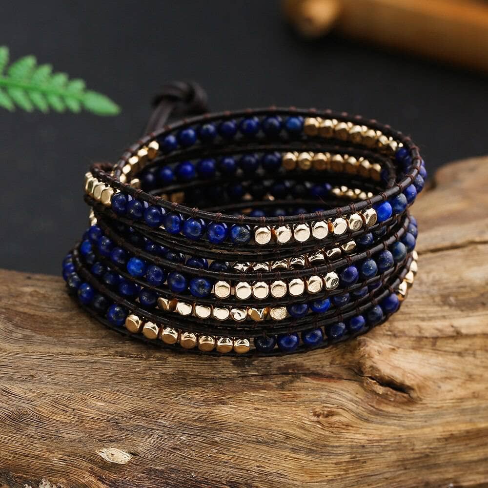 5 Wraps Boho Leather Natural Lapis Lazuli + Beads Stone