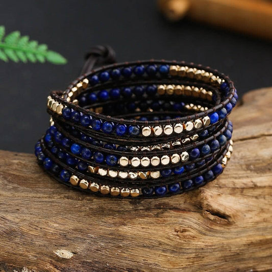 5 Wraps Boho Leather Natural Lapis Lazuli + Beads Stone