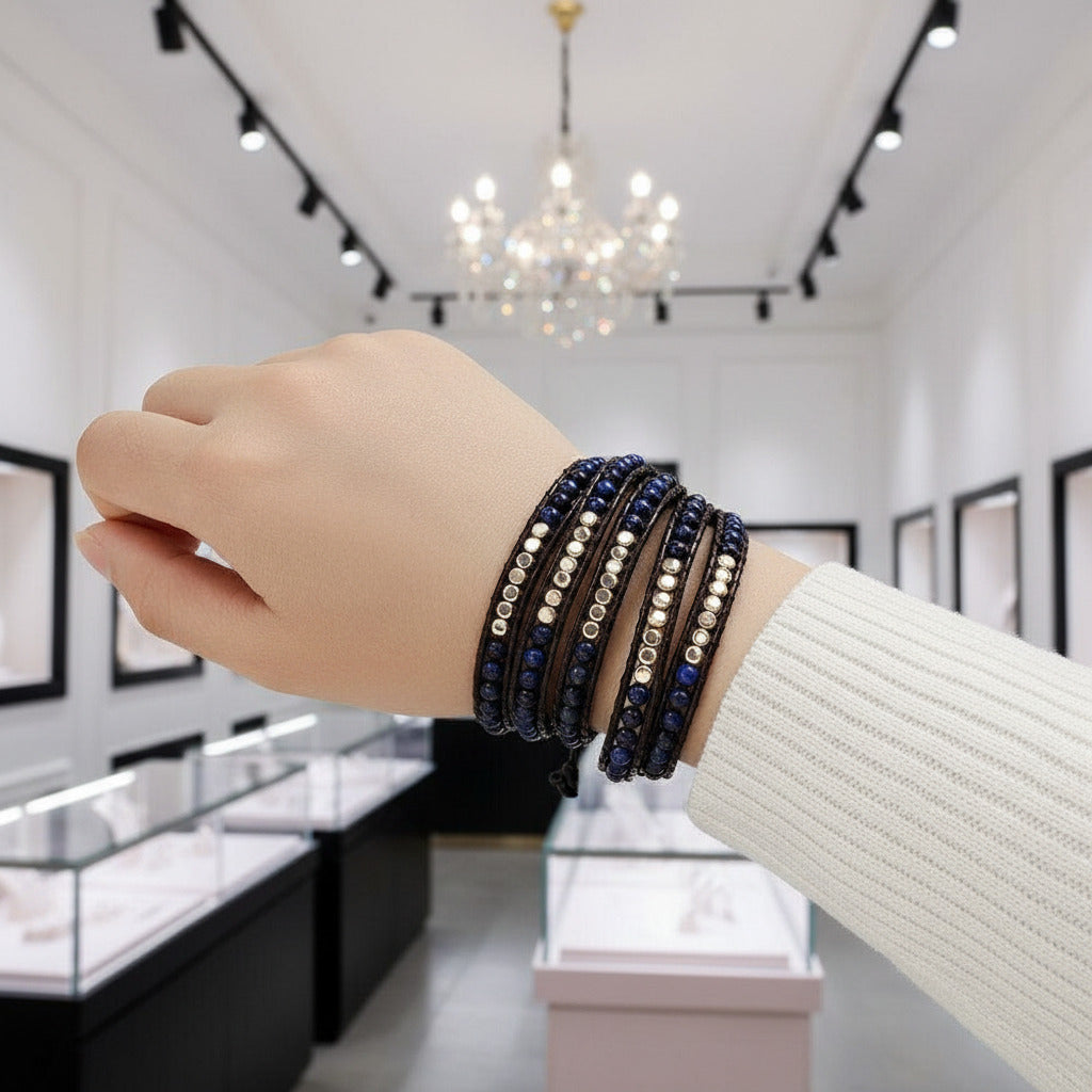 5 Wraps Boho Leather Natural Lapis Lazuli + Beads Stone-Black Diamonds New York