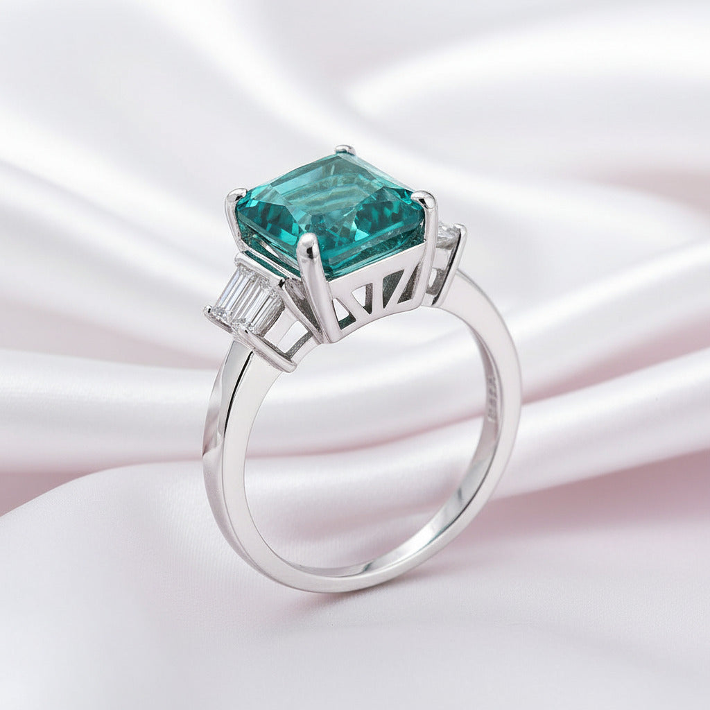 5.0ct Three-Stone Paraiba Tourmaline Radiant Cut Engagement Ring-Black Diamonds New York