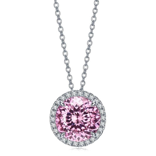 5.0ct Round Cut Pink EVN Stone Halo Necklace-Black Diamonds New York