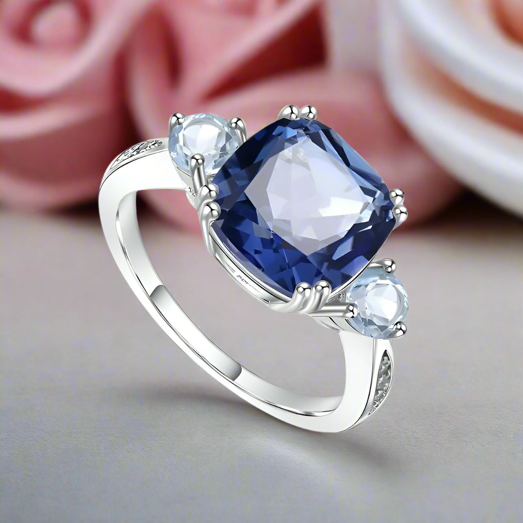 5.22 Ct Natural Lolite Blue Mystic Quartz Engagement Ring-Black Diamonds New York