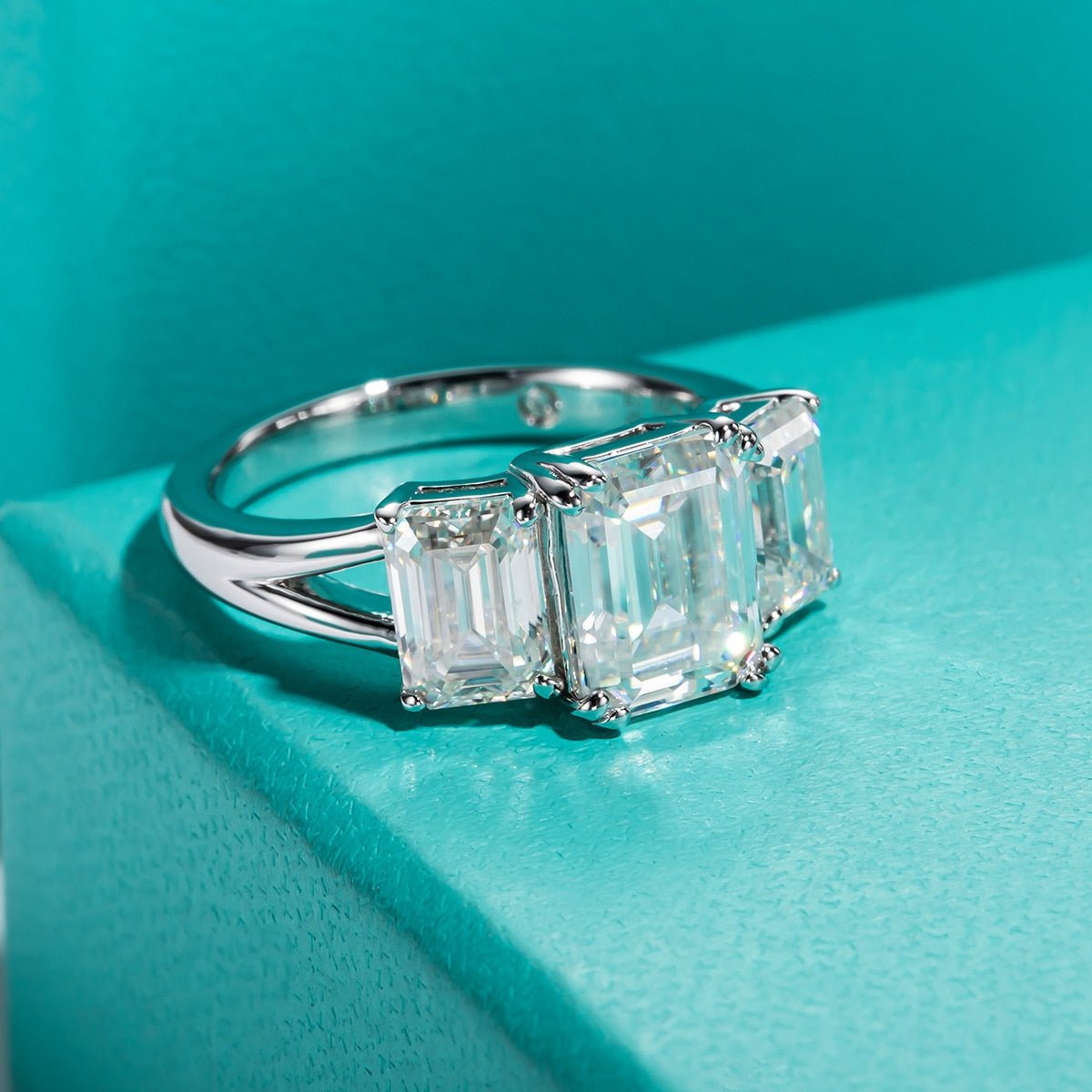 5ct Emerald Cut Moissanite Three Stone Engagement Ring-Black Diamonds New York