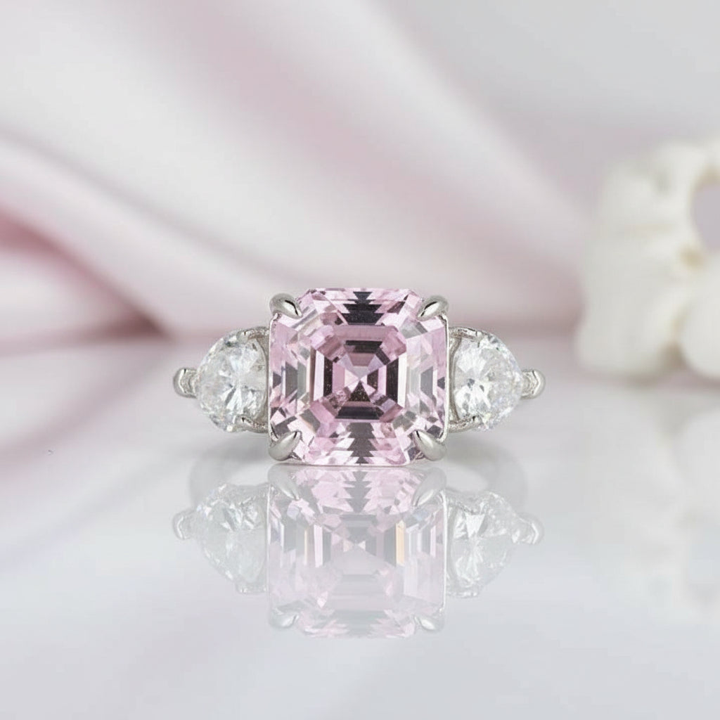 5ct Pink Sapphire Asscher Cut Three Stone Engagement Ring-Black Diamonds New York