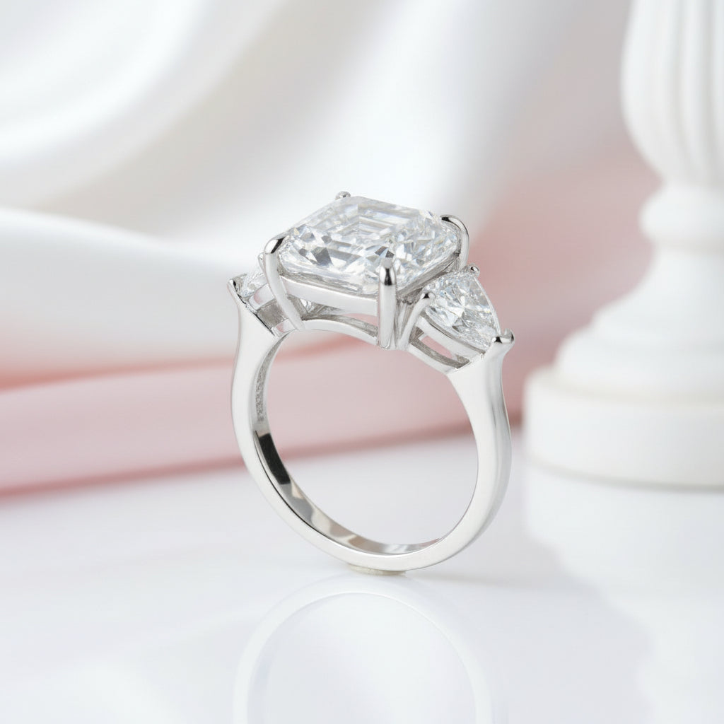 5ct Pink Sapphire Asscher Cut Three Stone Engagement Ring-Black Diamonds New York