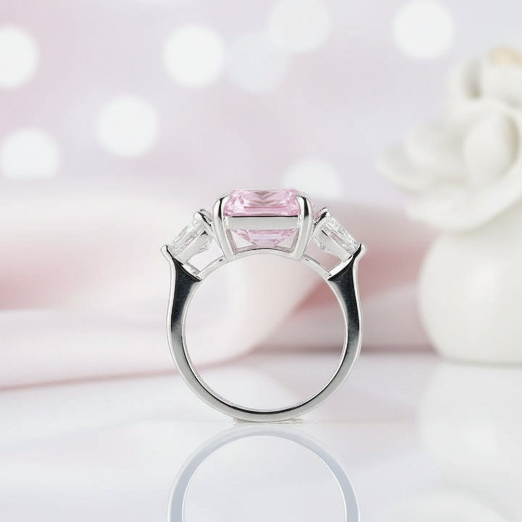 5ct Pink Sapphire Asscher Cut Three Stone Engagement Ring-Black Diamonds New York