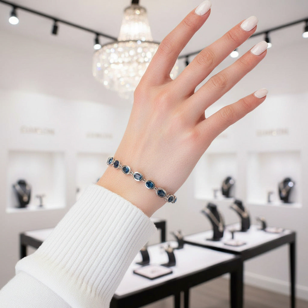 Oval London Blue Topaz Gemstone Bracelet-Black Diamonds New York