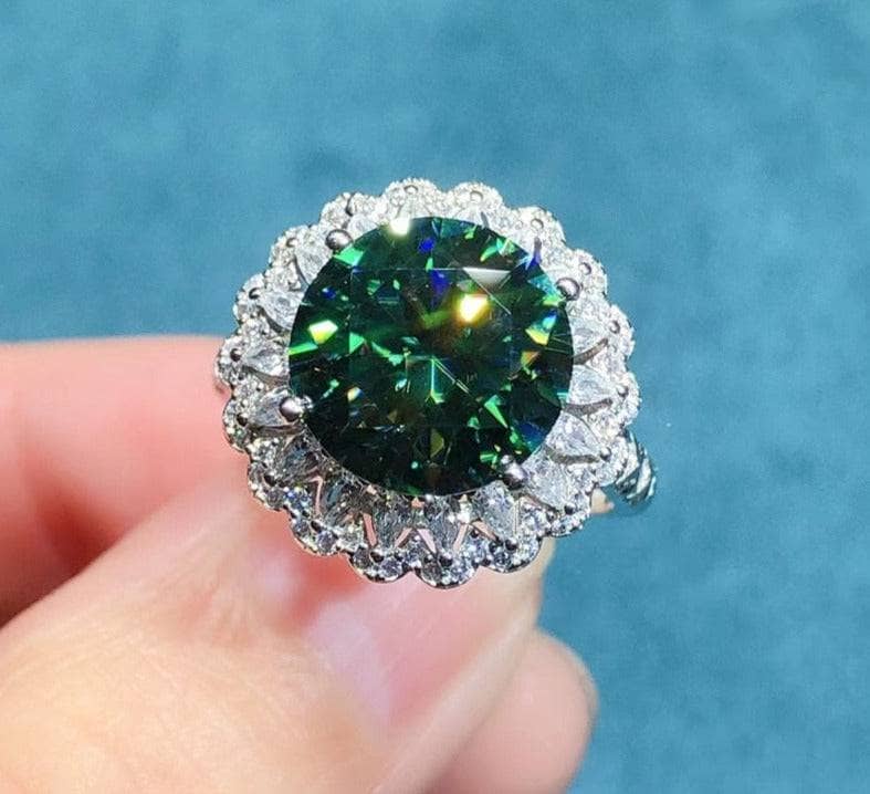 6 Carat Round Cut Green Moissanite Halo Engagement Ring - Black Diamonds New York