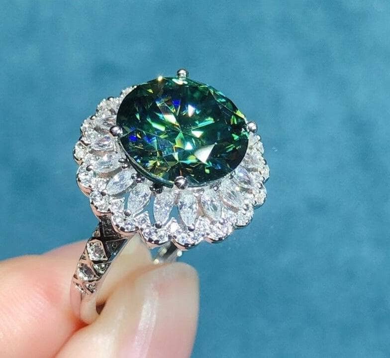 6 Carat Round Cut Green Moissanite Halo Engagement Ring-Black Diamonds New York