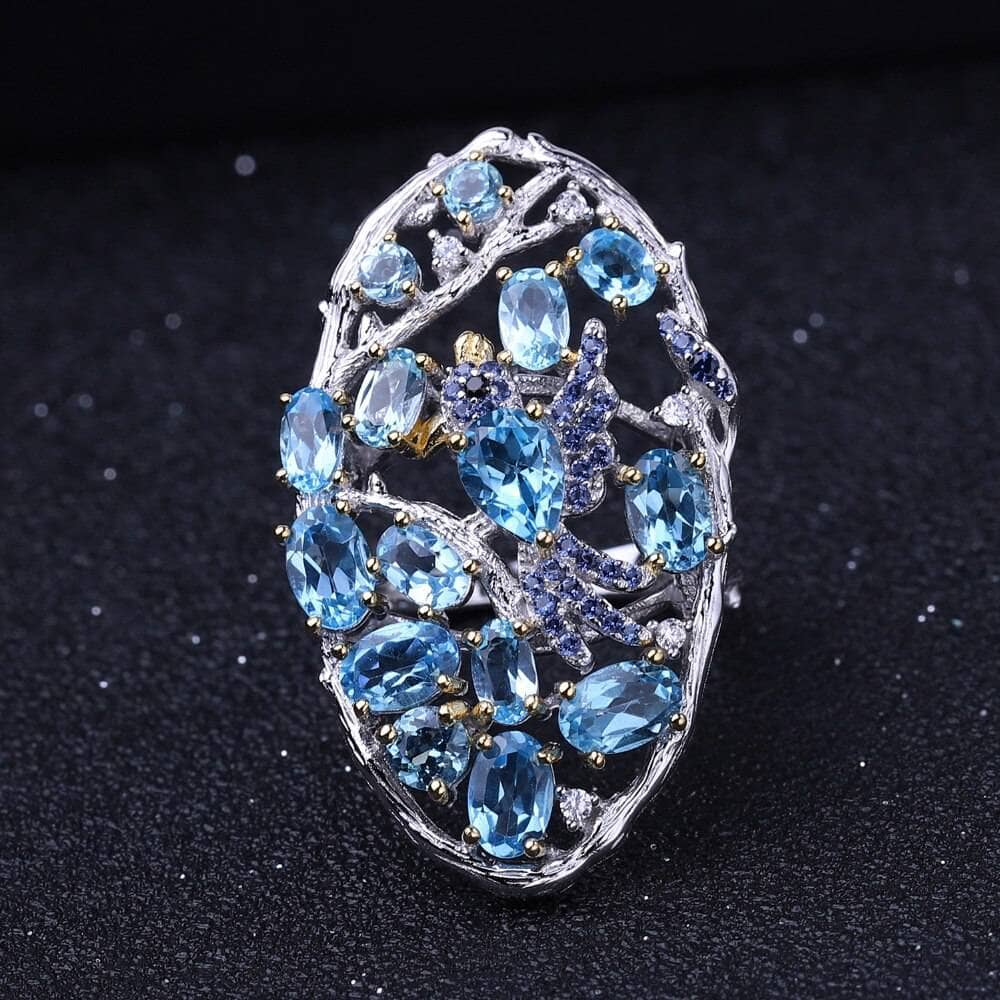 6.12Ct Natural Swiss Blue Topaz Hallow Element Ring-Black Diamonds New York