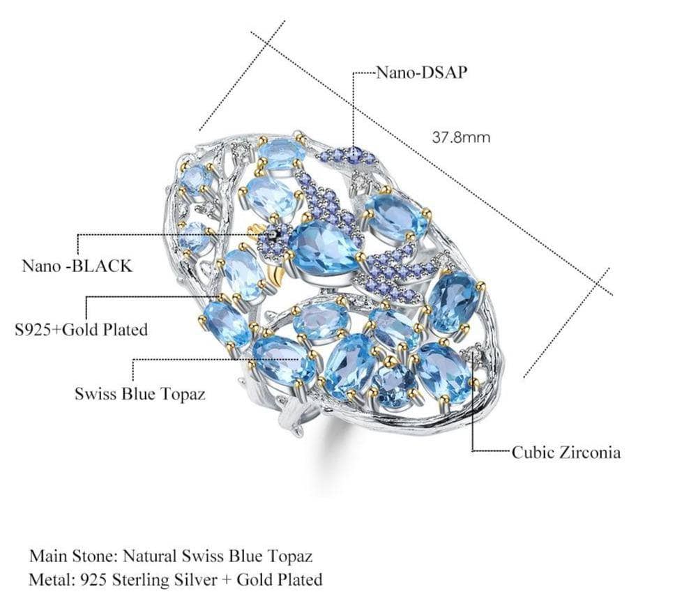 6.12Ct Natural Swiss Blue Topaz Hallow Element Ring-Black Diamonds New York