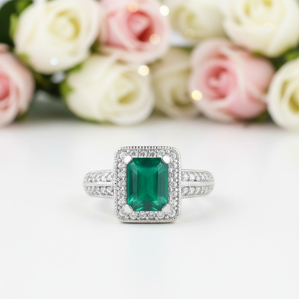 6.15Ct Emerald Cut Natural Green Agate Gemstone Jewelry Set-Black Diamonds New York