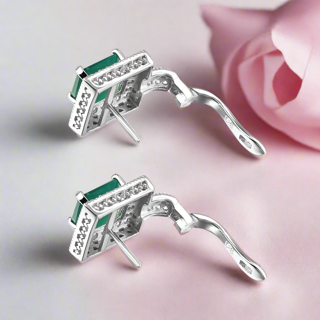 6.15Ct Emerald Cut Natural Green Agate Gemstone Jewelry Set-Black Diamonds New York