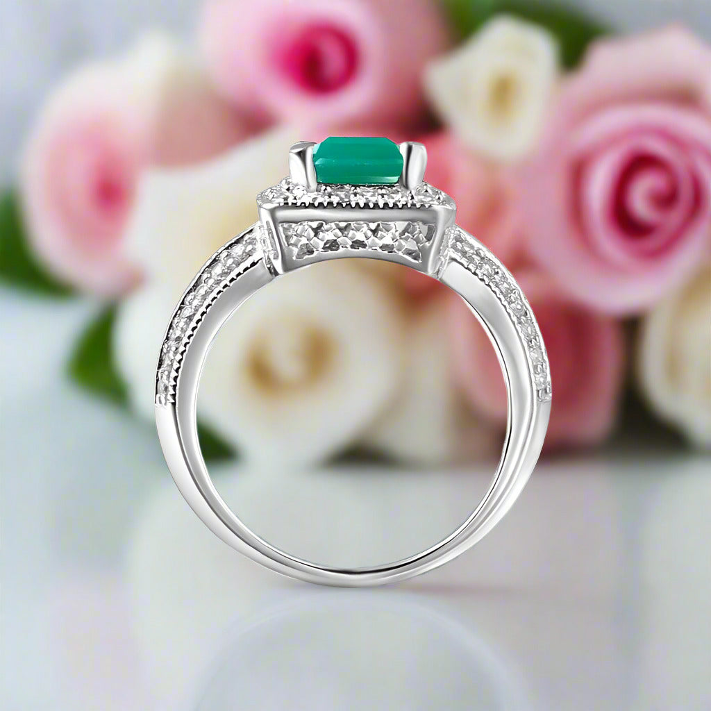 6.15Ct Emerald Cut Natural Green Agate Gemstone Jewelry Set-Black Diamonds New York