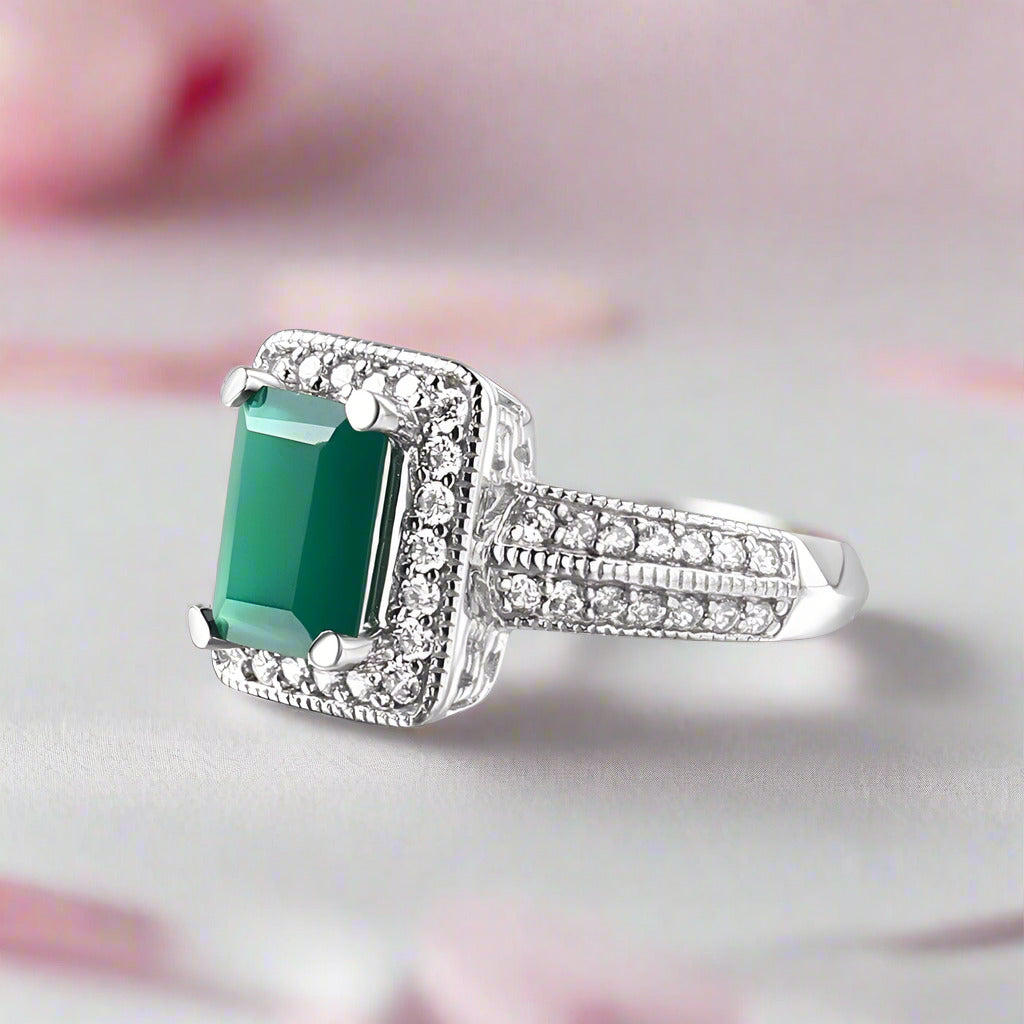 6.15Ct Emerald Cut Natural Green Agate Gemstone Jewelry Set-Black Diamonds New York