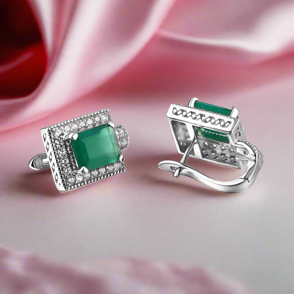 6.15Ct Emerald Cut Natural Green Agate Gemstone Jewelry Set-Black Diamonds New York