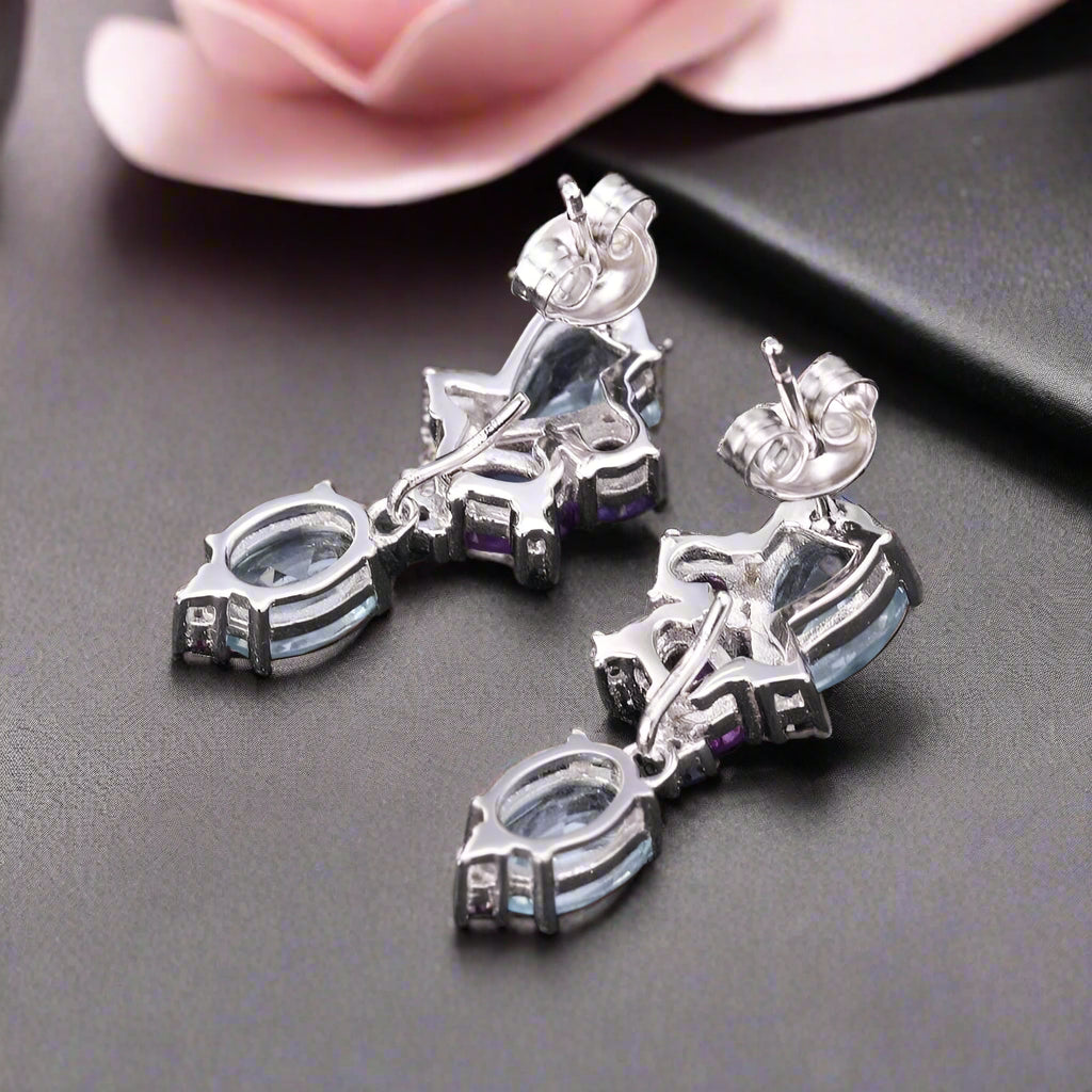 6.31ct Natural Blue Topaz Amethyst Stud Earrings-Black Diamonds New York