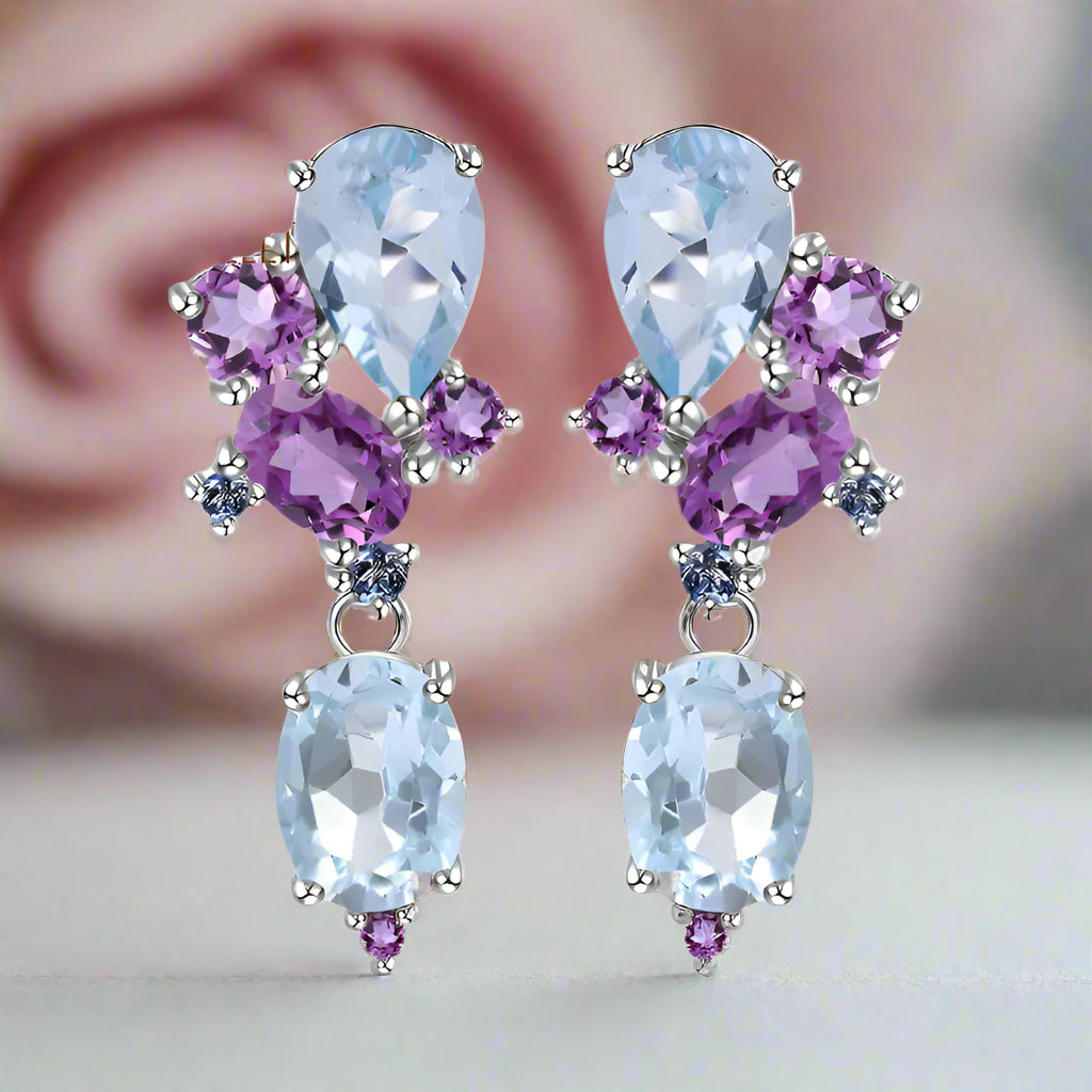 6.31ct Natural Blue Topaz Amethyst Stud Earrings-Black Diamonds New York