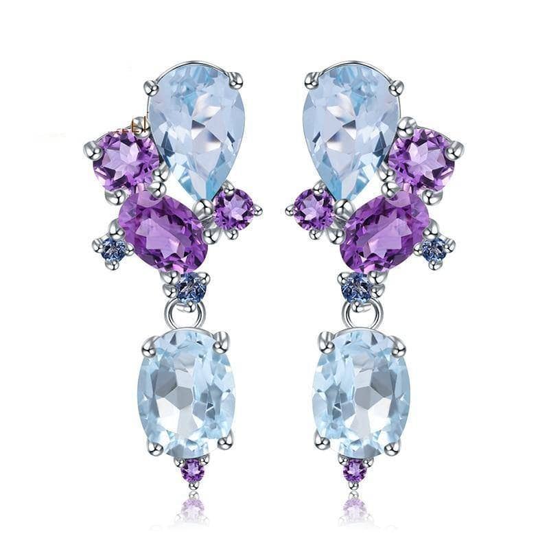 6.31ct Natural Blue Topaz Amethyst Stud Earrings-Black Diamonds New York