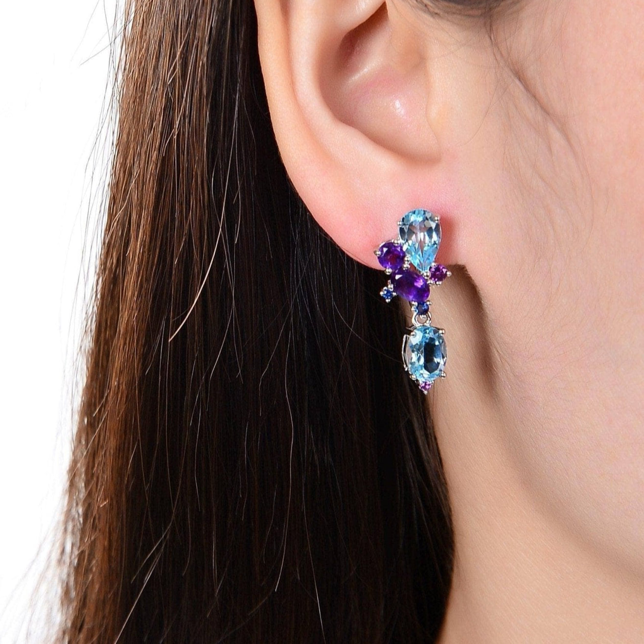 6.31ct Natural Blue Topaz Amethyst Stud Earrings-Black Diamonds New York