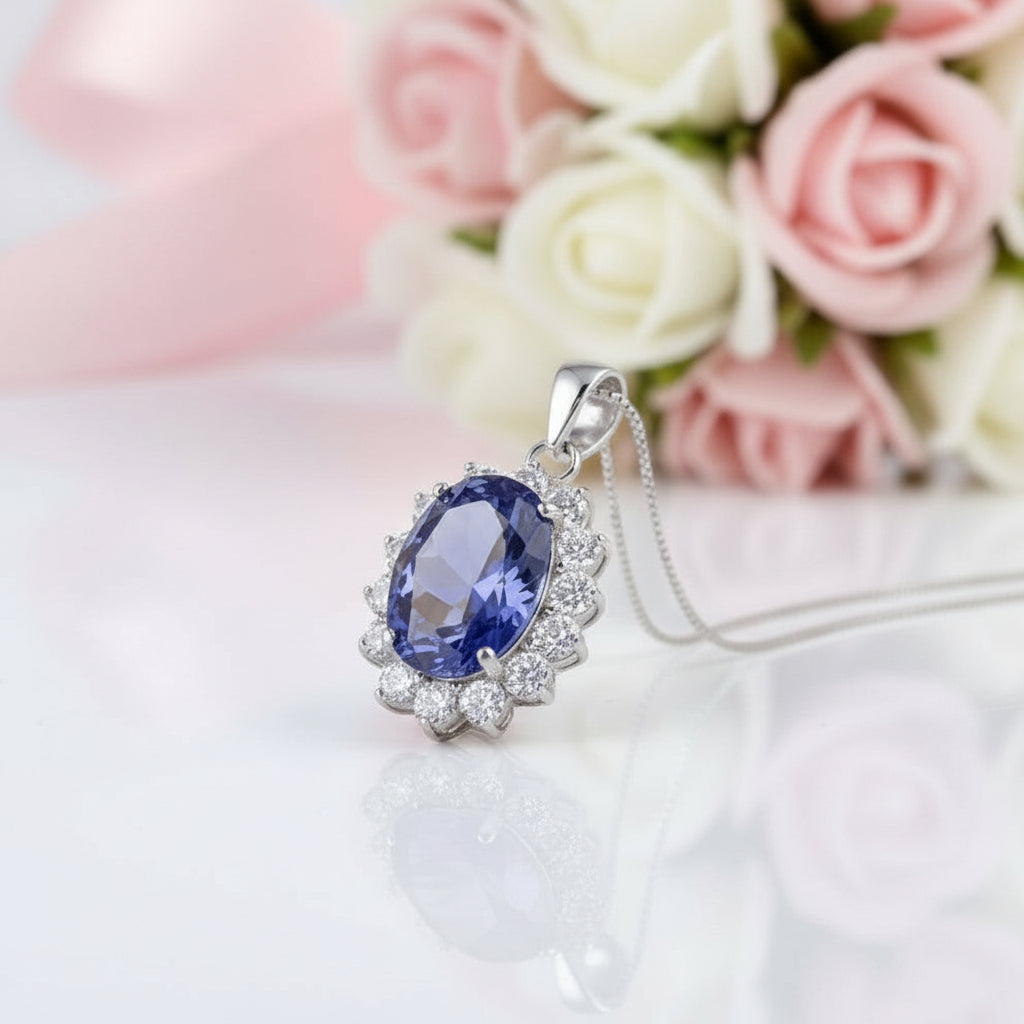 6.4 Ct Oval Cut Blue Tanzanite Pendant Necklace-Black Diamonds New York