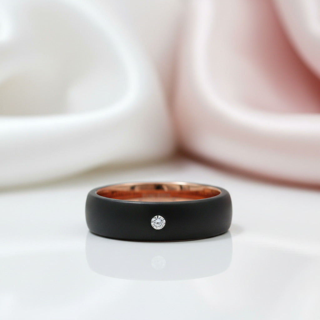 6mm Diamond Option Black with Rose Gold Tungsten Wedding Band-Black Diamonds New York