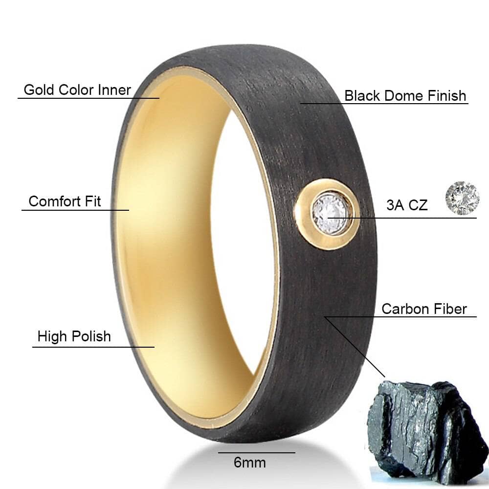 6mm Gold & Black Carbon Fiber Couples Wedding Rings - Black Diamonds New York