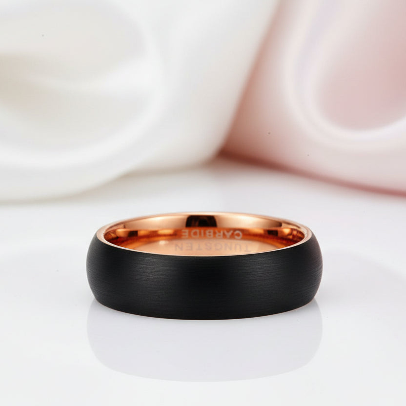 6mm Classic Black & Rose Gold Dome Tungsten Men's Wedding Band-Black Diamonds New York