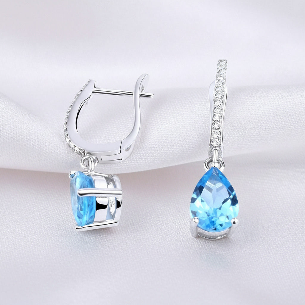 7.26ct Pear Cut Natural Swiss Blue Topaz Jewelry Set-Black Diamonds New York