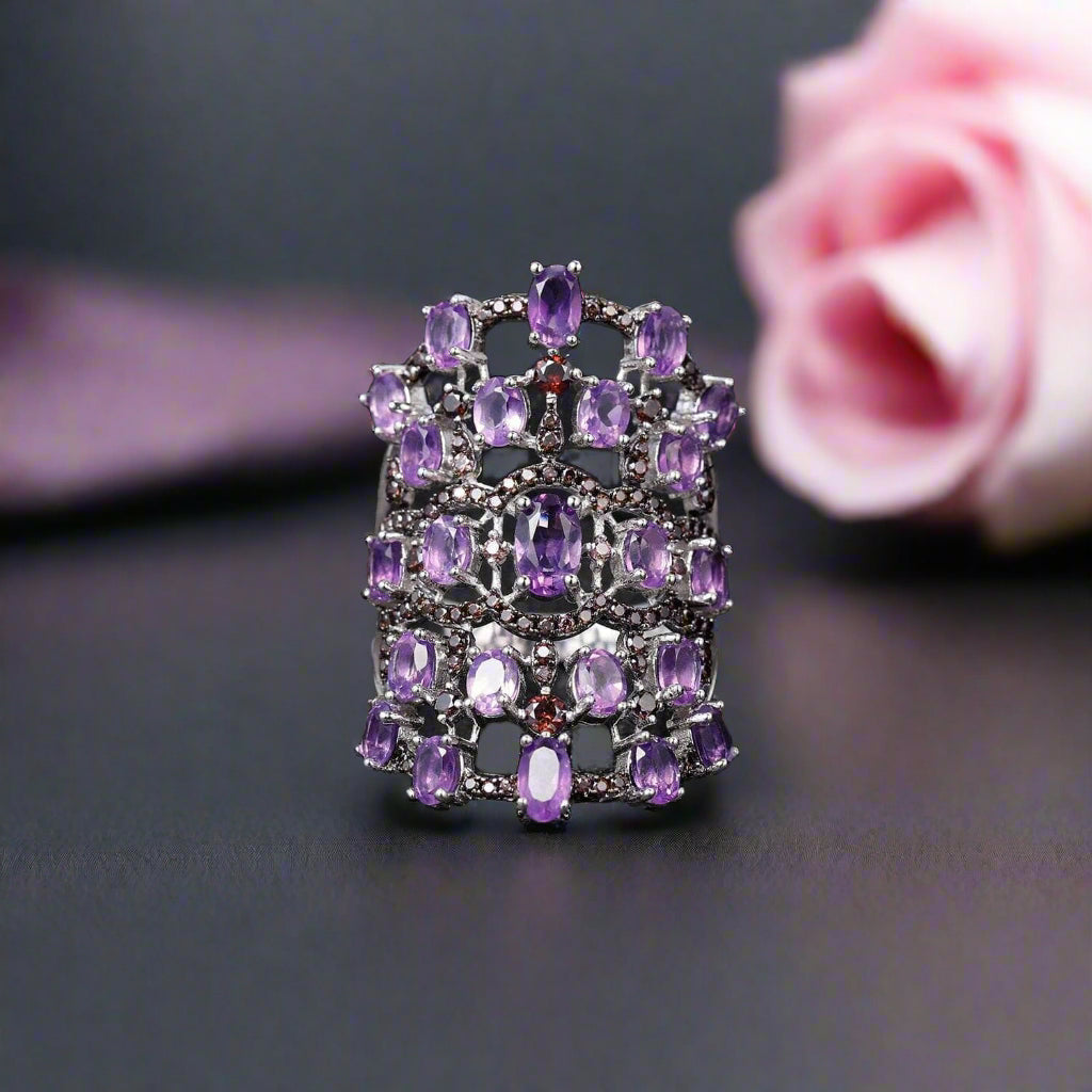 7.44Ct Natural Amethyst Ring-Black Diamonds New York