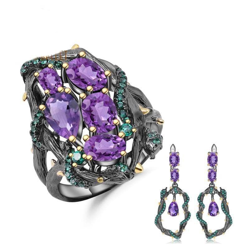 7.58Ct Natural Amethyst Gemstone Jewelry Set-Black Diamonds New York