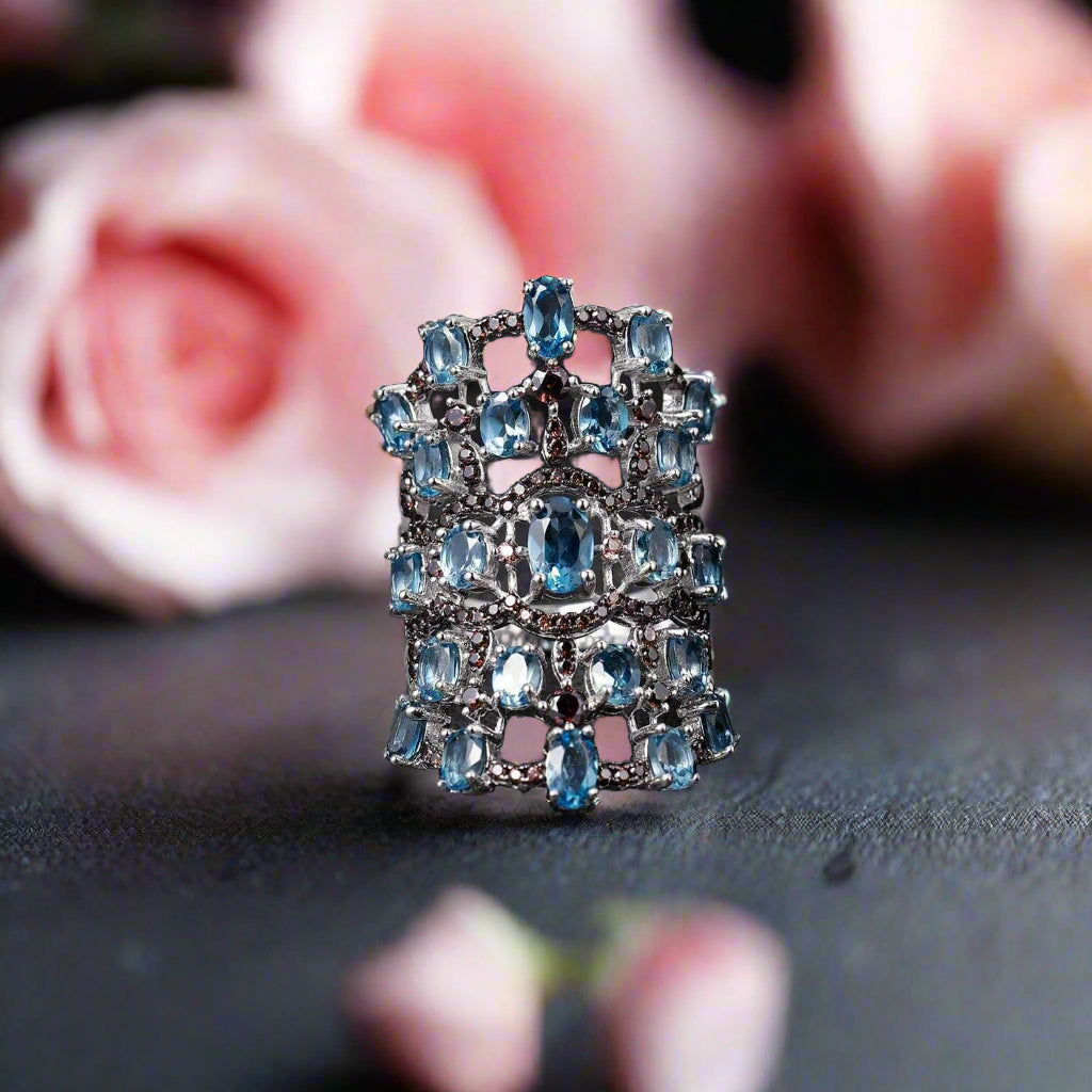 7.59Ct Natural London Blue Topaz Birthstone Ring-Black Diamonds New York