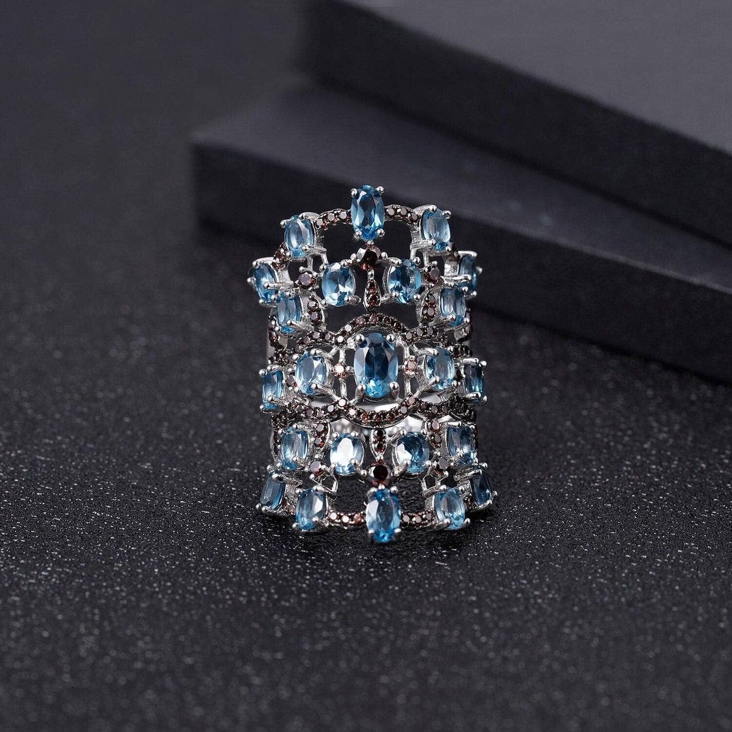 7.59Ct Natural London Blue Topaz Birthstone Ring-Black Diamonds New York
