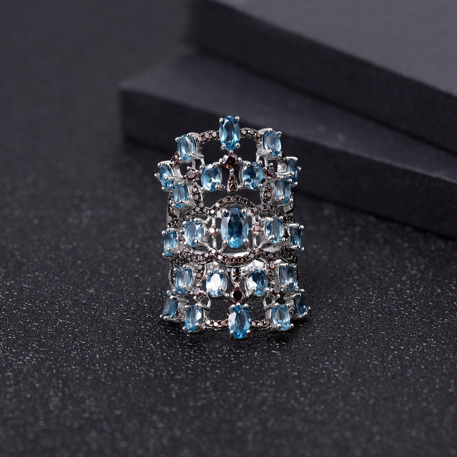 7.59Ct Natural London Blue Topaz Birthstone Ring-Black Diamonds New York