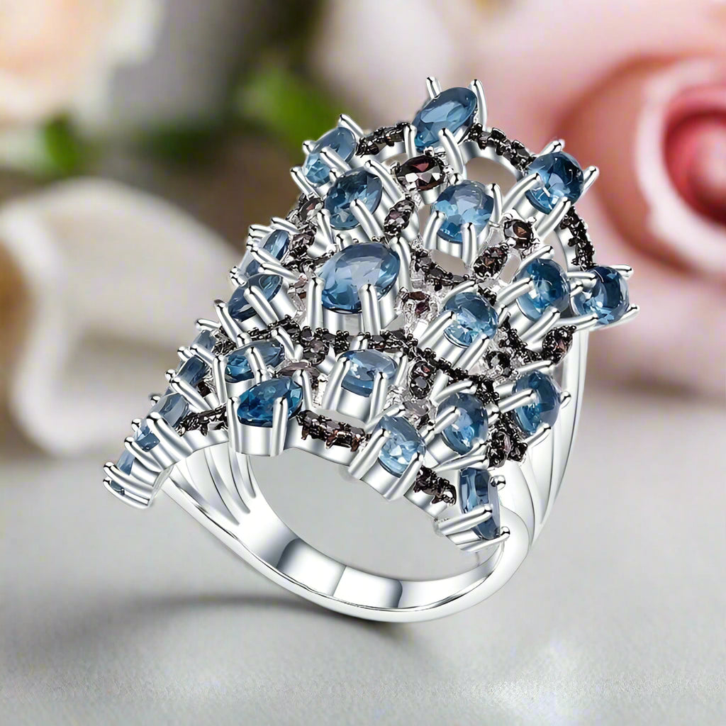 7.59Ct Natural London Blue Topaz Birthstone Ring-Black Diamonds New York
