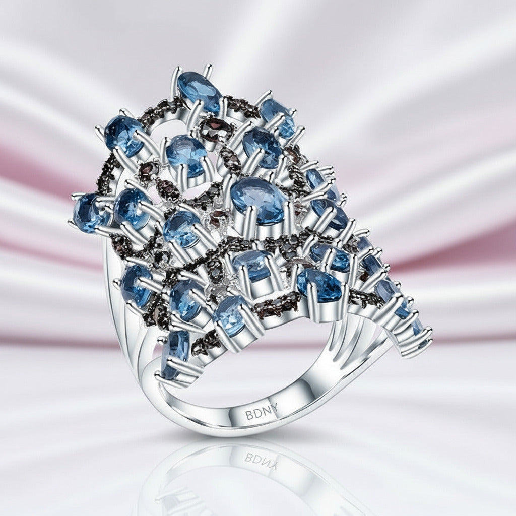 7.59Ct London Blue Topaz Birthstone Ring-Black Diamonds New York