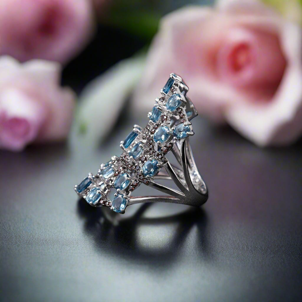 7.59Ct Natural London Blue Topaz Birthstone Ring-Black Diamonds New York