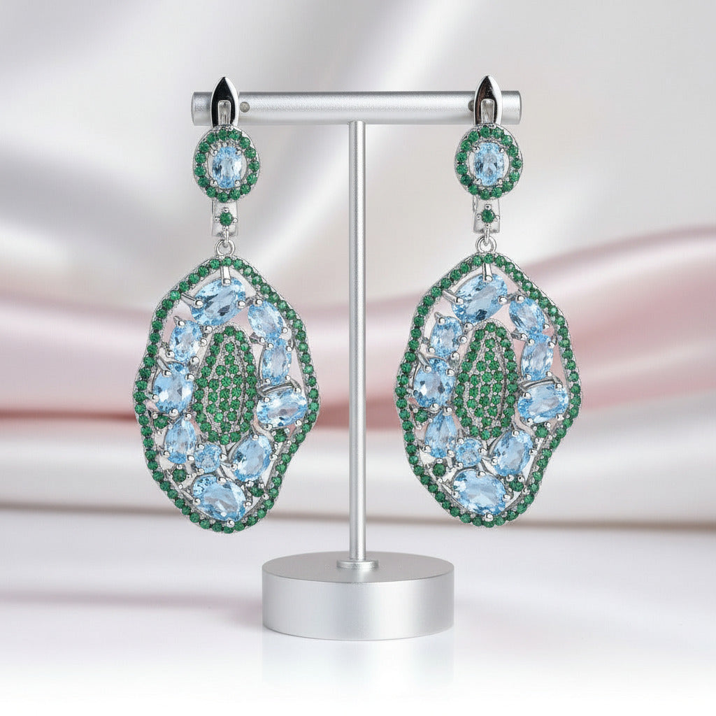7.74Ct Sky Blue Topaz Hyperbole Earrings-Black Diamonds New York