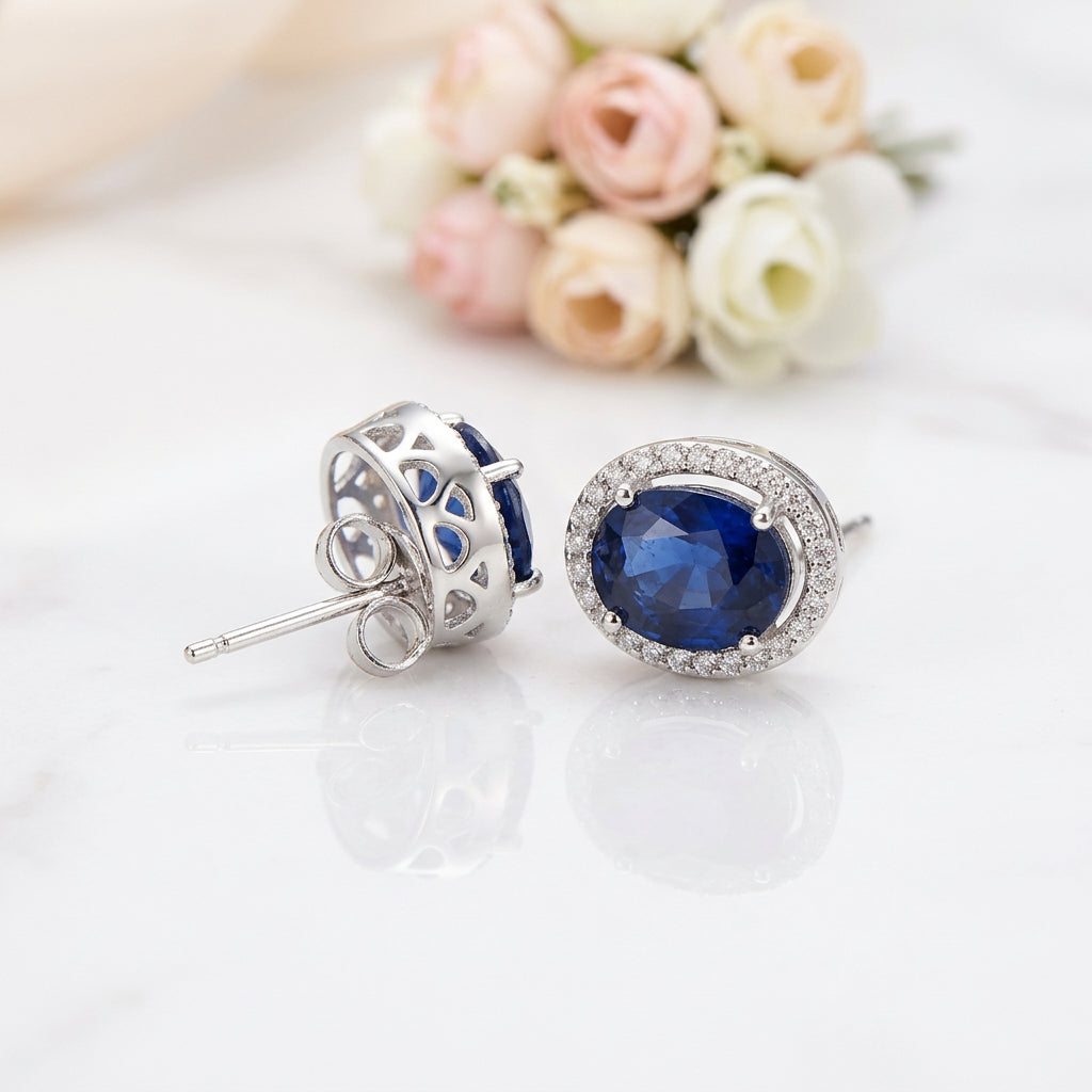 Oval Cut Blue Sapphire Stud Earrings-Black Diamonds New York