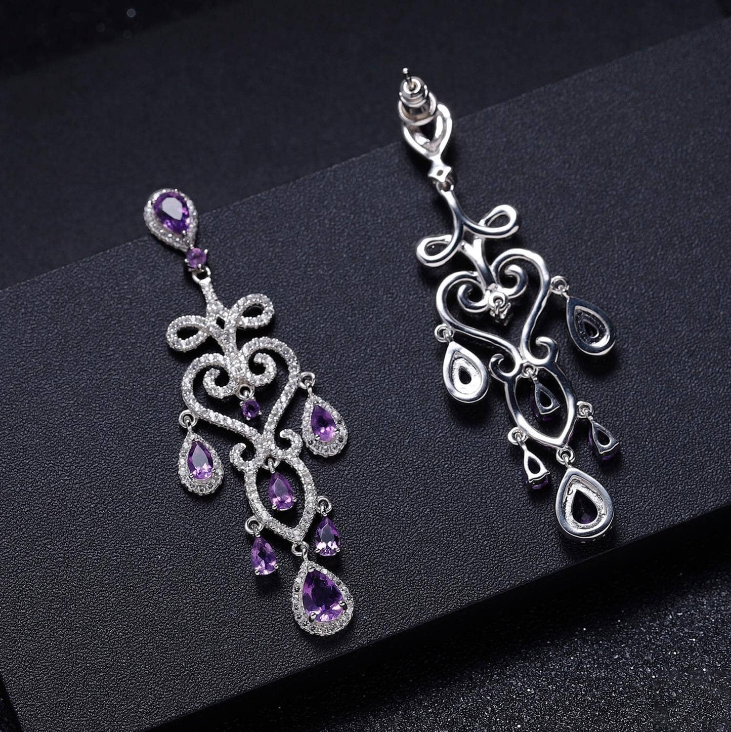 8.32Ct Natural Amethyst Leaves & Branches Drop Earrings-Black Diamonds New York