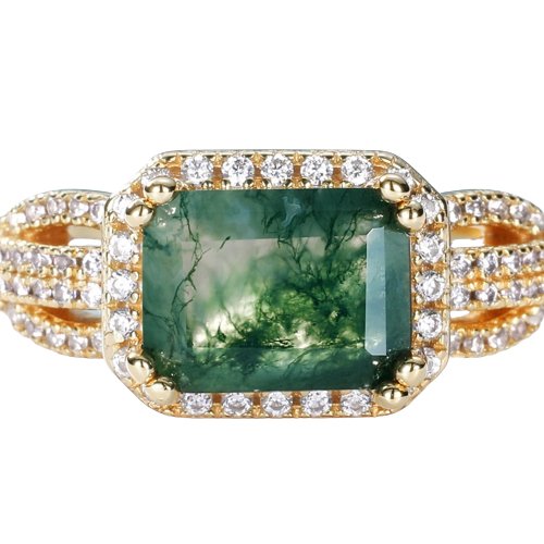 8*6mm Emerald Natural Green Moss Agate Engagement Ring-Black Diamonds New York