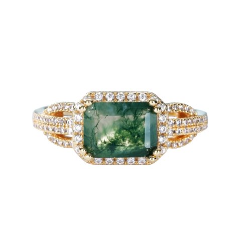 8*6mm Emerald Natural Green Moss Agate Engagement Ring - Black Diamonds New York