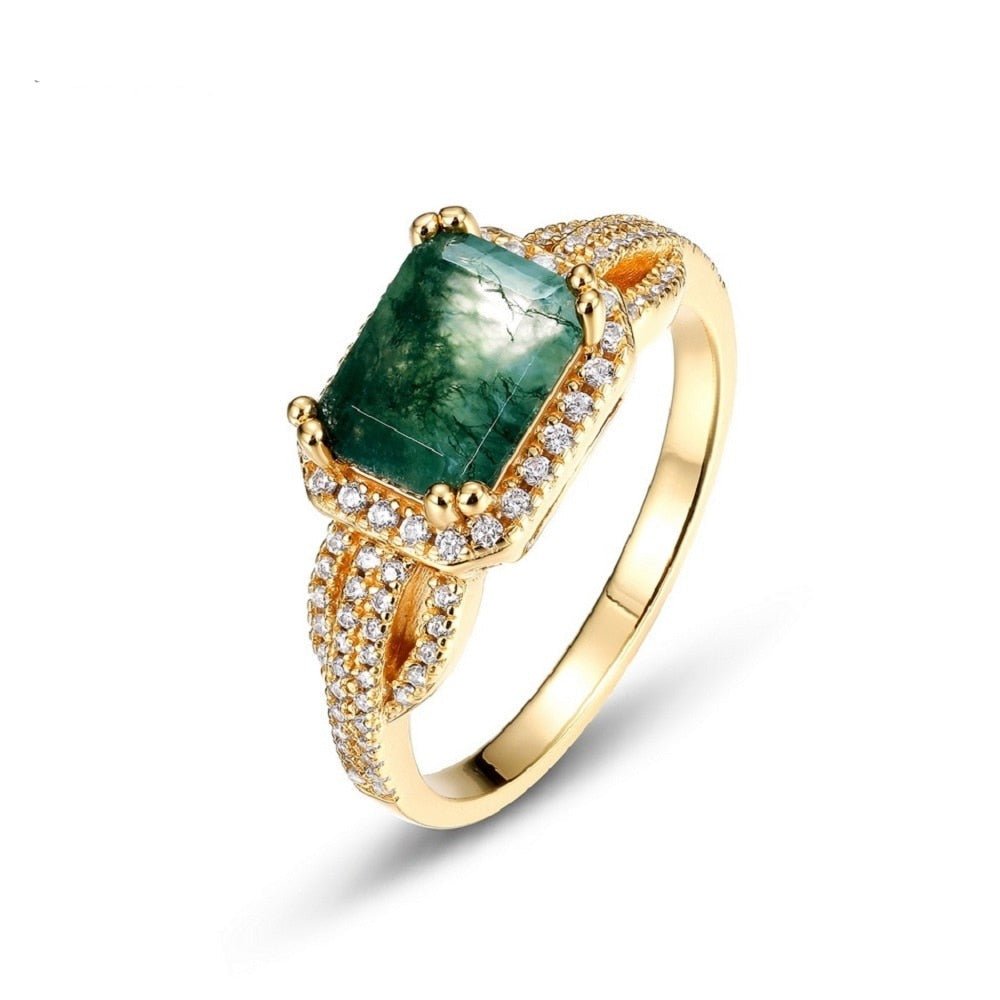 8*6mm Emerald Natural Green Moss Agate Engagement Ring-Black Diamonds New York