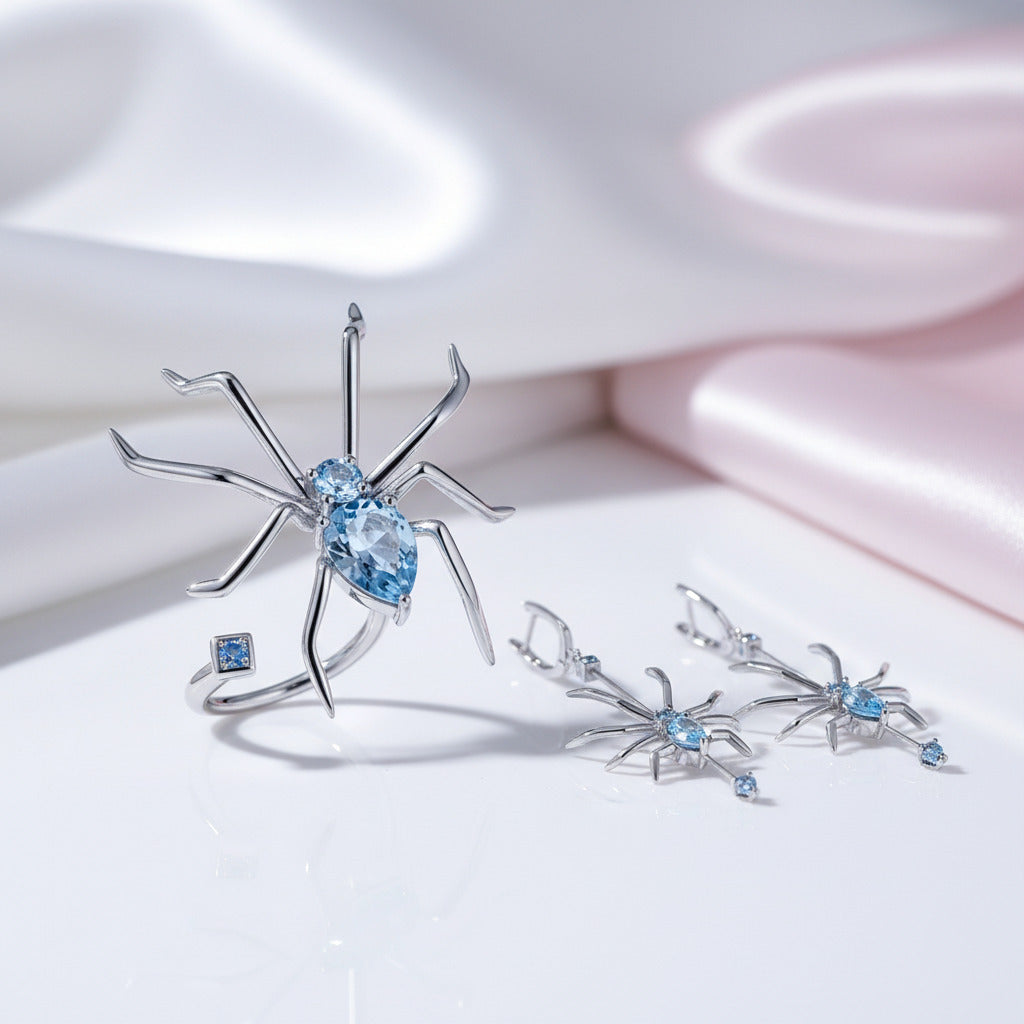 8.83Ct Sky Blue Topaz Spider Gemstone Jewelry Set-Black Diamonds New York