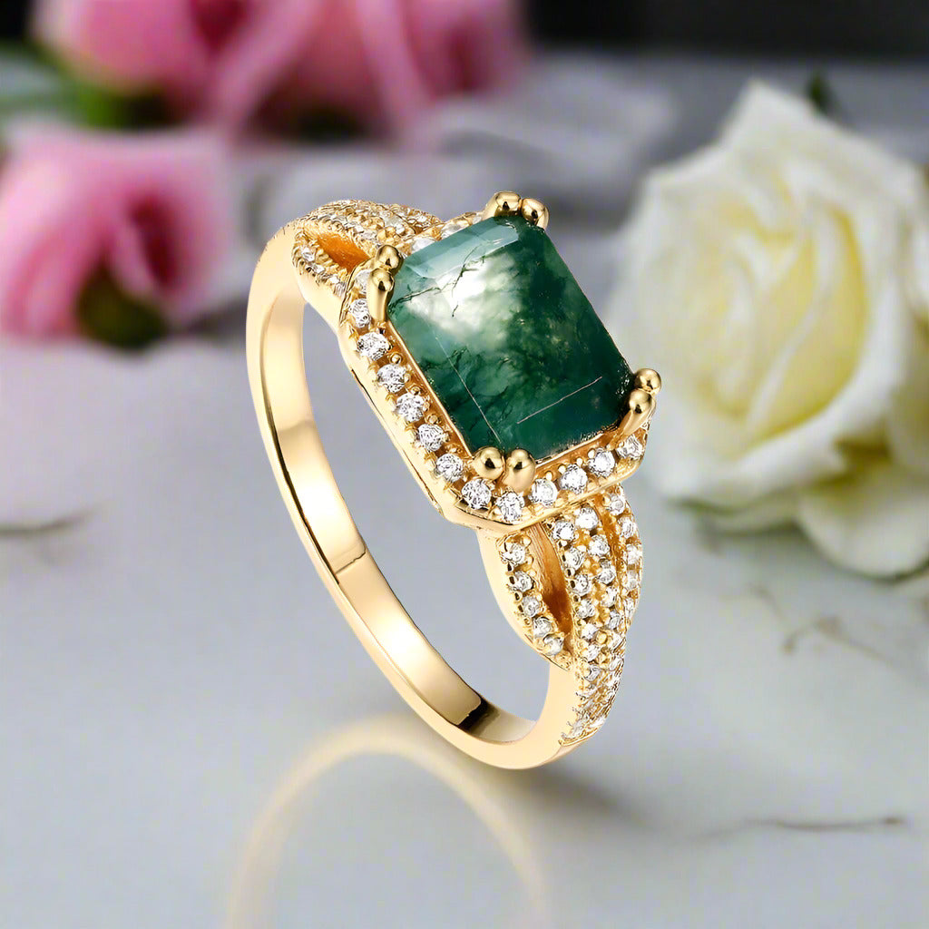 8*6mm Emerald Natural Green Moss Agate Engagement Ring-Black Diamonds New York