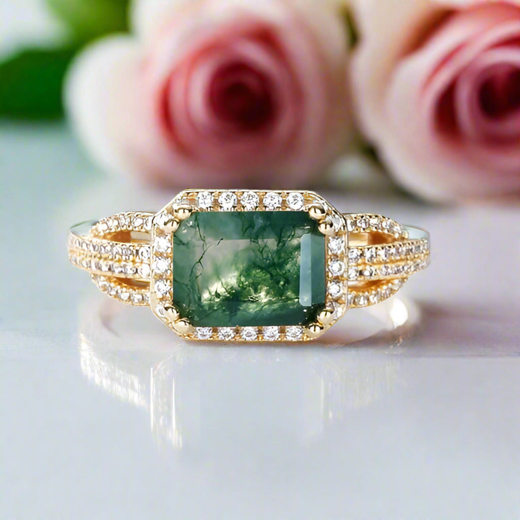 8*6mm Emerald Natural Green Moss Agate Engagement Ring-Black Diamonds New York