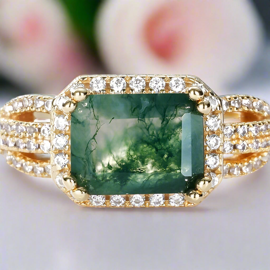 8*6mm Emerald Natural Green Moss Agate Engagement Ring-Black Diamonds New York