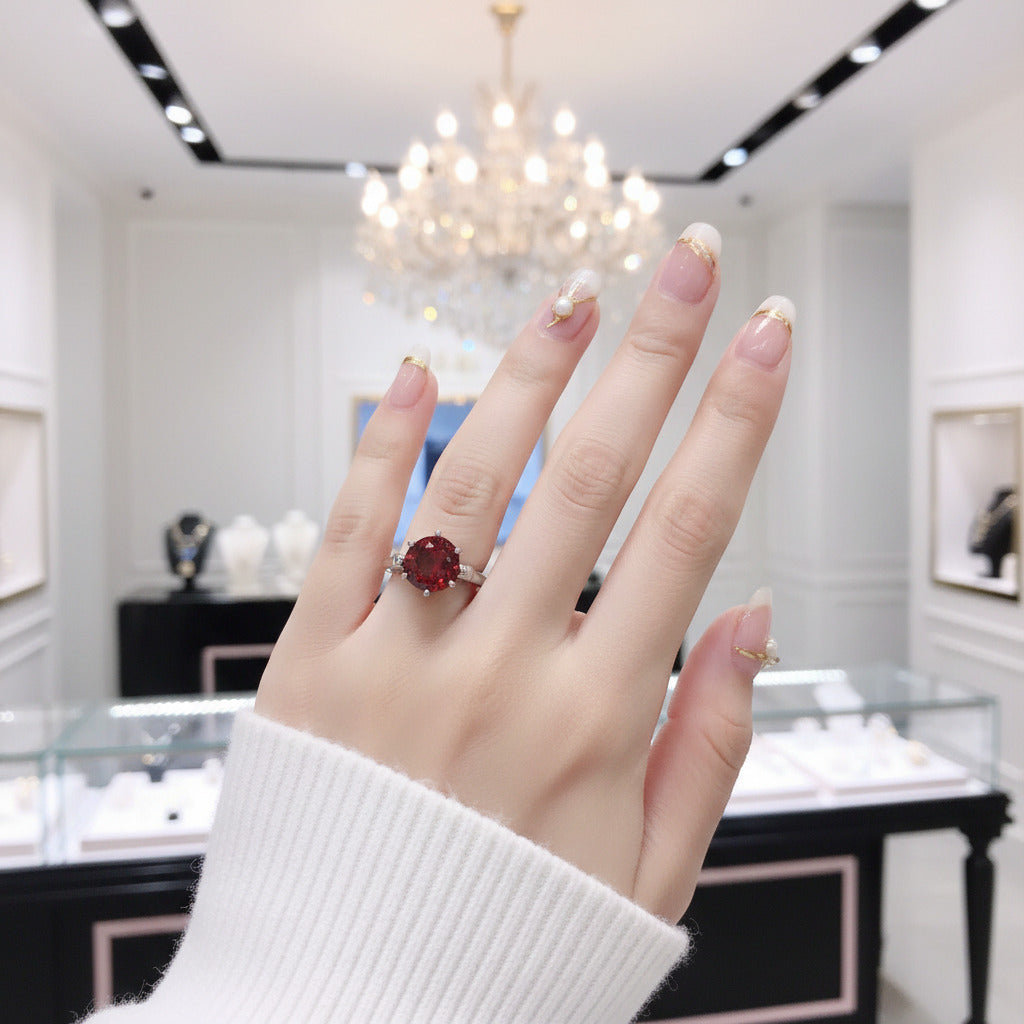 8*8mm Round Cut Garnet Engagement Ring-Black Diamonds New York