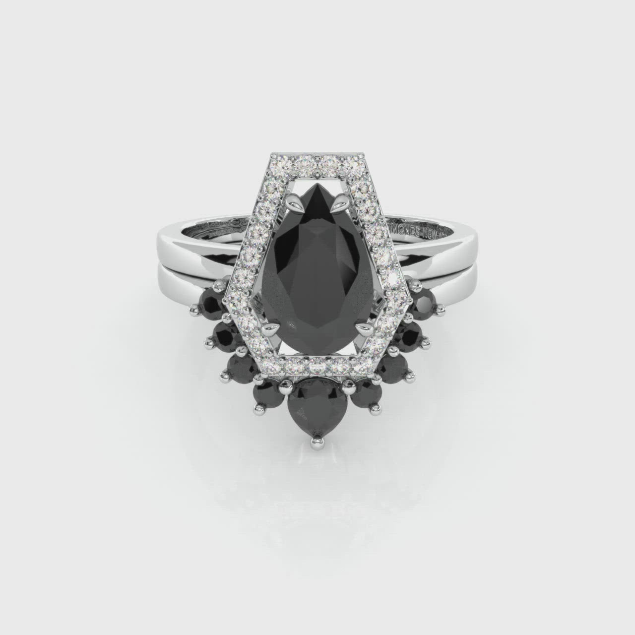 Faithfulness-1ct Black Pear Cut Diamond 14k White Gold Coffin Ring Set