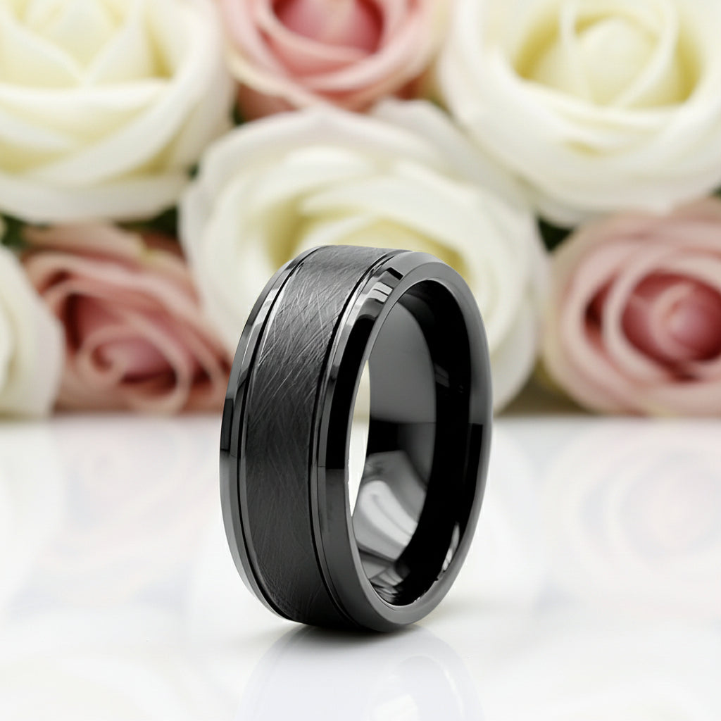 8mm Black Simple Messed Brushed Tungsten Carbide Men's Wedding Band-Black Diamonds New York